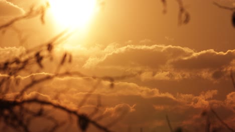 Warmer-Sonnenuntergang-Mit-Flauschigen-Wolken-Im-Sommer
