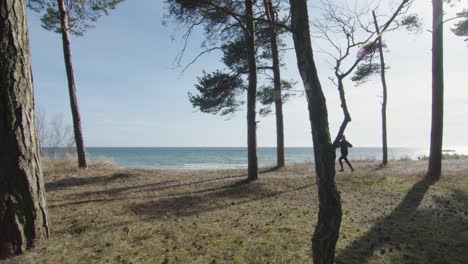 Woman-jogging-among-trees-by-the-beach-on-a-sunny-warm-day