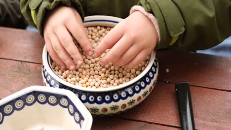 Top-view-of-child's-hand-picking-up-a-handful-of-peas-on-the-table-while-camping-in-the-countryside-at-daytime