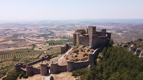 Castle-of-Loarre-in-Aragon,-Spain---Aerial-Drone-View-of-the-Old-Medieval-Castle