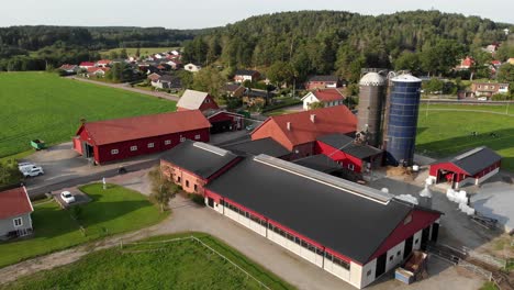 Typischer-Milchviehbetrieb-In-Schweden,-Schwenk-Luftaufnahme
