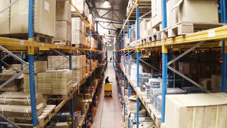 Man-reversing-an-electric-cart-through-a-warehouse-storage-aisle,zoom
