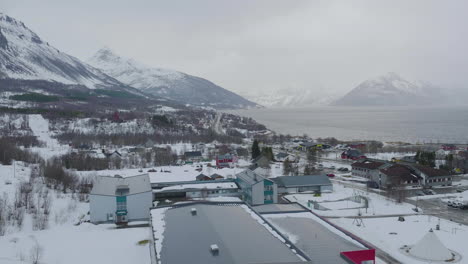 Scenic-Winter-View-Of-Kåfjord-Village-In-Alta,-Norway---aerial-shot