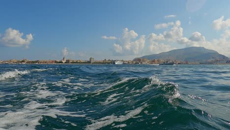 Trapani-city-skyline-as-seen-from-boat,-Italy