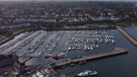 Aerial-view-of-Bangor-harbour-and-town-on-a-sunny-day,-County-Down,-Northern-Ireland