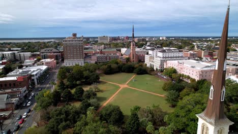 fast-aerial-over-citadel-square-baptist-church-in-charleston-sc,-south-carolina-approaching-marion-square