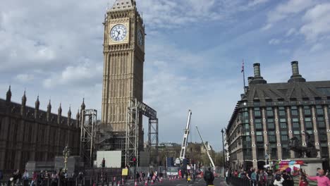 View-From-Locked-Off-Westminster-Bridge-Showing-Mobile-Cranes-Working-Beside-Refurbished-Big-Ben-Clock-Tower