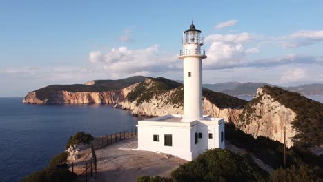 White-Lighthouse-Doukato-at-Lefkada-Island,-Greece---Aerial-Circling-Pan