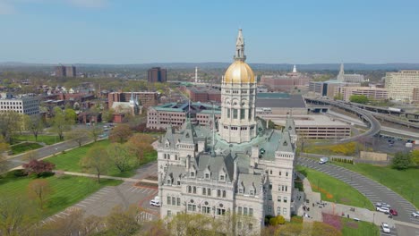 Aerial-drone-shot-of-the-capitol-in-Hartford-Connecticut-with-a-whip-pan-at-the-end-for-transitions