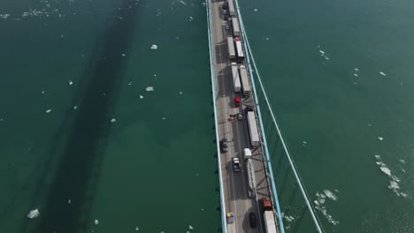 Convoy-De-Camiones-Tratando-De-Pasar-La-Frontera-Entre-EE.UU.-Y-Canadá-Sobre-El-Puente-Ambassador-En-Detroit,-Vista-Aérea