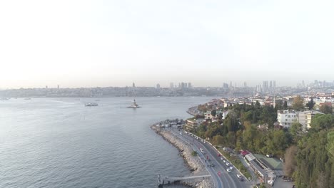 View-from-Üsküdar-Harem-coastal-road-to-Maiden's-Tower-with-drone