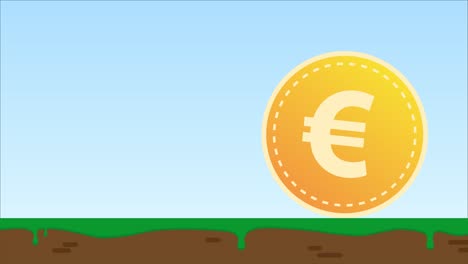Moneda-De-Oro-Con-El-Signo-Del-Euro-Rodando-En-La-Hierba-Verde---Animación
