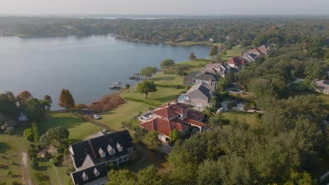 Drone-of-Orlando,-Florida,-Lake-Front-Neighborhood,-sunny-morning