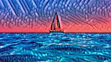 Künstlerisch-Gemalte-Animation-Eines-Kleinen-Yachtboots,-Das-Bei-Sonnenuntergang-Segelt