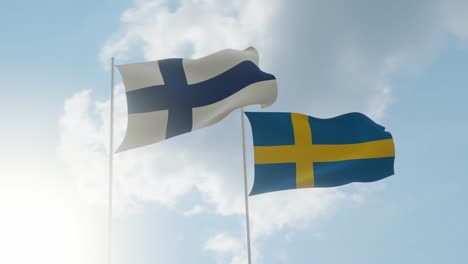 Flaggen-Finnlands-Und-Schwedens-Mit-Strahlend-Sonnigem-Himmel-Und-Weißen-Wolken