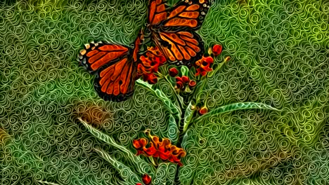 Künstlerische-Spiralförmige-Grüne-Und-Rote-Farbanimation-Von-Schmetterlingen,-Die-über-Pflanzen-Fliegen
