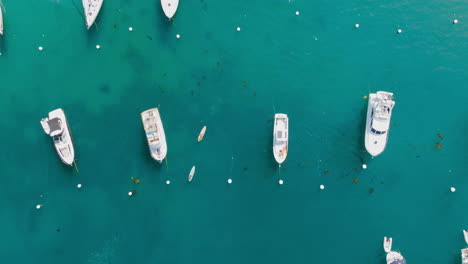 Hermosa-Perspectiva-De-Drones-De-Paddle-Boarders-Y-Botes-En-Aguas-Cristalinas,-Un-Día-Tranquilo-En-El-Mar