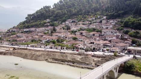 Berat-Old-Town-and-Osum-River,-Albania---Aerial-Drone-View,-Pedestal