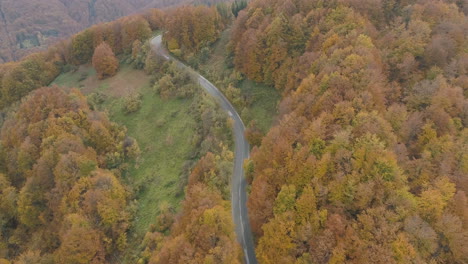 Aerial-footage,-deserted-road-in-the-middle-of-the-woods-of-the-Balkan-Peninsula-during-the-autumn-period