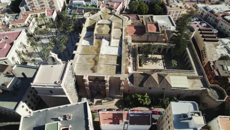 Aerial-view-over-historic-Almeria-Cathedral-Fortress-with-Gothic-construction