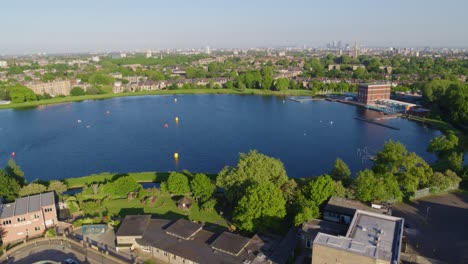Aerial-Drone-footage-of-Woodberry-Down,-London,-England-on-a-sunny-day