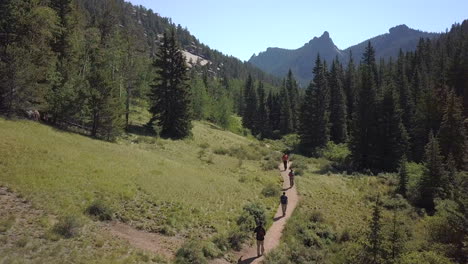 Un-Grupo-De-Excursionistas-Caminando-Por-Un-Sendero-En-Un-Valle-De-Colorado,-Movimiento-De-Drones-Hacia-Adelante