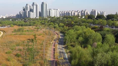 Malerische-Aussicht-Auf-Seoul,-Fahrradfahrer-Und-Autobahn-In-Der-Nähe-Des-Han-Flusses