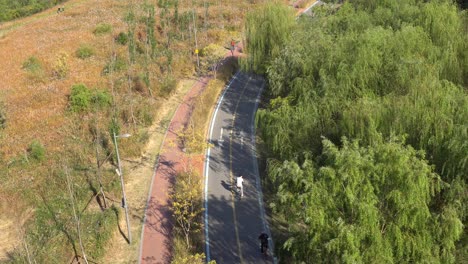 Vista-Desde-El-Puente-Dongjak-Sobre-Personas-Que-Andan-En-Bicicleta-Cerca-Del-Río-Han