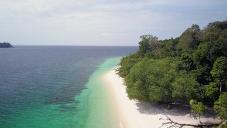 Aerial-view-of-white-sandy-beach-with-trees-in-Thailand---camera-tracking-pedestal-down