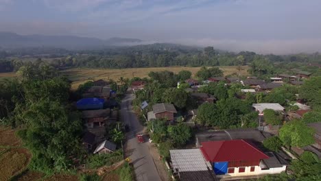 Countryside-Village,-Mountain-Village-in-Phrae-Province,-Thailand-Aerial-Shot