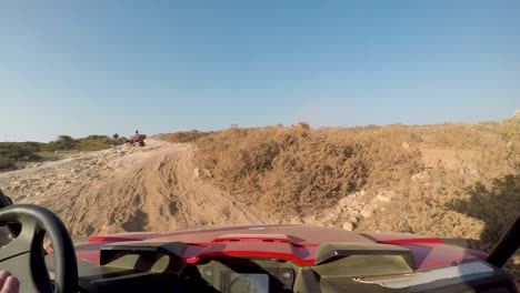 Point-of-view-driving-a-dune-buggy-on-Cavo-Greco-trails-in-rough-terrain-and-almost-gets-stuck