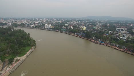 Aerial-Shot-of-Surat-Thani,-River-and-City-Surat-Thani-Province,-Thailand
