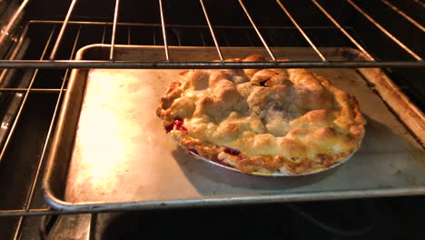 Hand-wearing-a-mitt-is-seen-opening-an-oven-and-taking-out-a-delicious-hot-apple-pie-and-putting-it-onto-the-stove