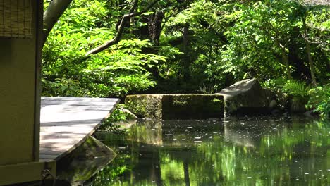 Zoom-out-traditional-japanese-garden-with-lake-and-boat