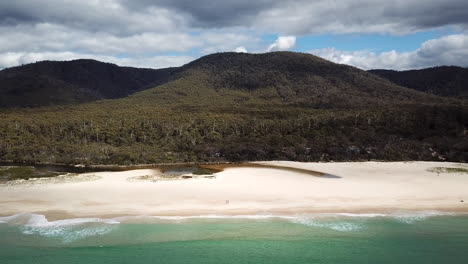 Drohnenschwenk-Aus-Zwei-Isolierten-Menschen-Am-Weißen-Sandstrand-Mit-Wellenbäumen,-Tasmanien,-Australien