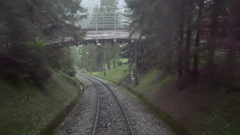 Traveling-by-a-funicular-through-a-dark,-tranquil-and-mysterious-forest