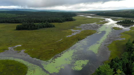 Aerial-shot-dropping-down-above-the-still-waters-of-Shirley-Bog-winding-through-the-Maine-countryside-under-ominous-stormy-skies