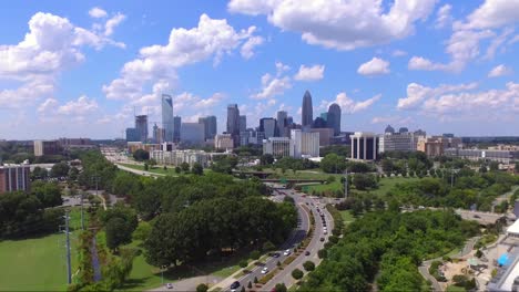 Aerial-drone-shot-of-Charlotte,-NC-city-skyline