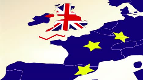 Animación-De-Una-Línea-Roja-Irregular-Que-Separa-El-Reino-Unido-De-La-Unión-Europea,-En-Un-Mapa,-Ambos-Con-Su-Bandera