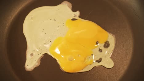 Egg-falling-into-pan,-yolk-is-changing-color-from-yellow-to-white---closeup