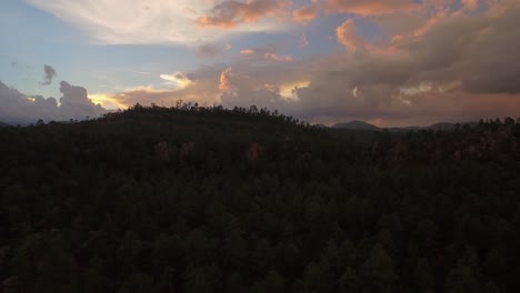 Aerial-drone-shot-of-the-forest-of-the-Basaseachi-National-Park-at-sunset-in-the-Candamena-Canyon,-Chihuahua