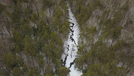 Aerial-shot-of-snowy-river-from-above-slowly-tilting-up-to-reveal-forest-and-mountains