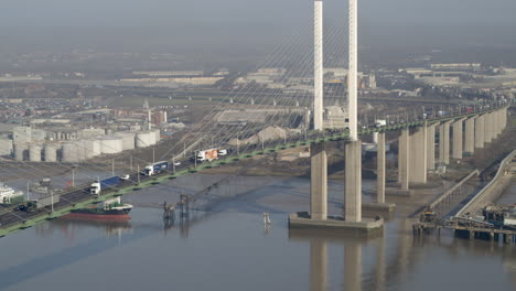 Aerial-view-of-the-QE2-Dartford-crossing-on-the-River-Thames,-Kent---Essex-England,-looking-towards-Thurrock