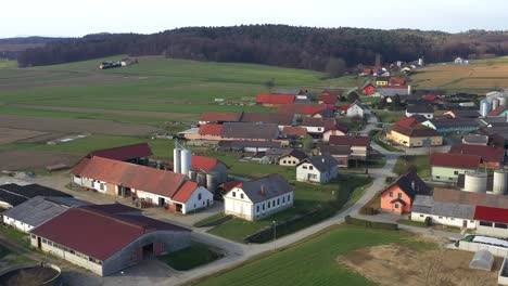 Central-European-village-in-Slovenia,-mixed-residential-and-farming-landscape,-traditional-farmhouses-with-contemporary-architecture,-aerial-panorama