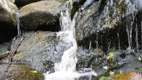 Stream-Water-Flowing-Peacefully-Over-Mossy-Rocks