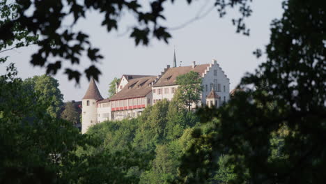 Vista-Del-Castillo-Corriendo-Entre-árboles-Con-Hojas,-En-Neuhausen-Am-Rheinfall