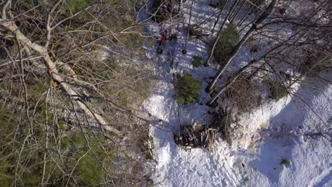 Aerial,-top-down-view-of-woodworker-in-the-forest-in-snowy-Scandinavia