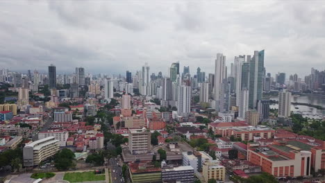 Aerial-shot-of-Panama-City-buildings-and-scrappers-and-avenues,-Panama