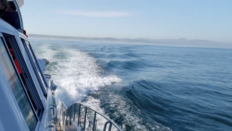 Whale-watching-catamaran-cruising-at-full-speed-on-ocean-towards-harbour---Hermanus,-South-Africa