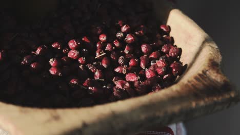 Close-up-panning-and-stopped-moment-in-the-end-footage-from-stored-rosehips-fruits-in-a-trough